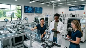 Tech-savvy students using artificial intelligence and automation technologies inside a modern smart manufacturing facility.