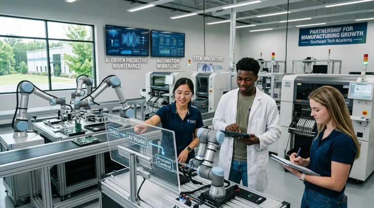 Tech-savvy students using artificial intelligence and automation technologies inside a modern smart manufacturing facility.