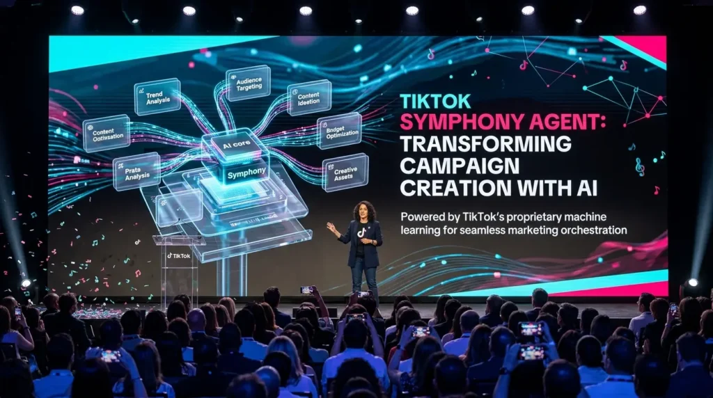 TikTok Symphony Agent AI creating marketing videos and advertising campaigns using generative artificial intelligence.