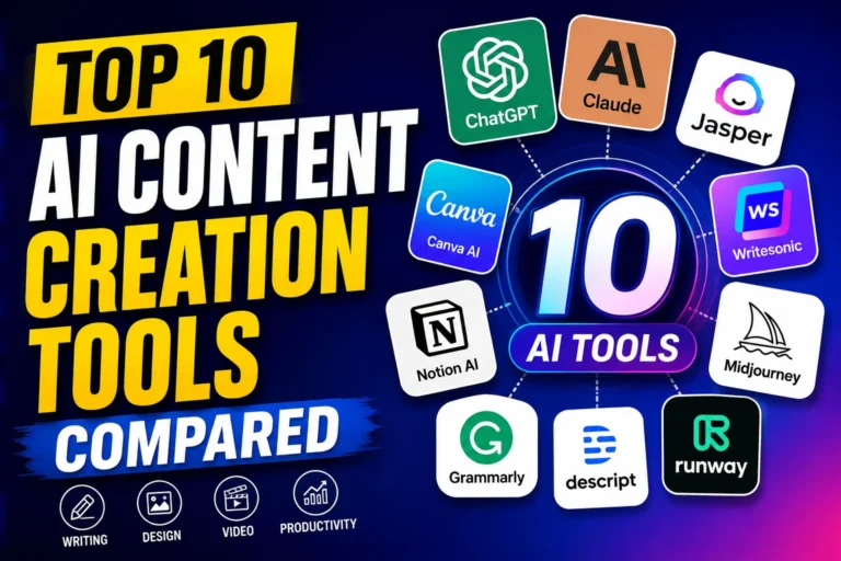 Comparison of leading AI content creation tools including ChatGPT, Claude, Jasper, Canva AI, Writesonic, Midjourney, Runway, Descript, Grammarly, and Notion AI.