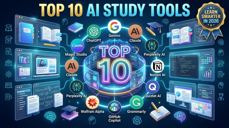 Top AI study tools for better learning in 2026 featuring ChatGPT, Google Gemini, Claude, Perplexity AI, Notion AI, Quizlet AI, Wolfram Alpha, Grammarly, GitHub Copilot, and Canva Magic Studio.