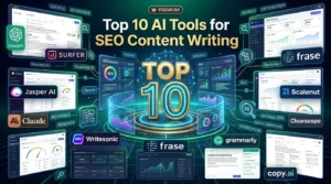 Top AI tools for SEO content writing in 2026 featuring Surfer SEO, ChatGPT, Jasper AI, Writesonic, Frase, Claude, Grammarly, and Scalenut.