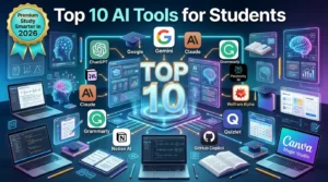 Top AI tools for students in 2026 featuring ChatGPT, Gemini, Claude, Grammarly, Notion AI, Perplexity AI, Wolfram Alpha, Quizlet, GitHub Copilot, and Canva Magic Studio.