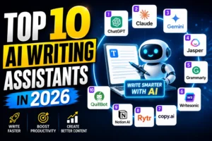 Top 10 AI Writing Assistants in 2026 comparison featuring ChatGPT, Claude, Gemini, Jasper, Grammarly, and other leading AI writing tools.