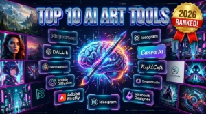 Top 10 AI Art Generators Compared featuring Midjourney, DALL·E, Leonardo AI, Stable Diffusion, Adobe Firefly, Ideogram, Canva AI, NightCafe, DreamStudio, and Microsoft Designe