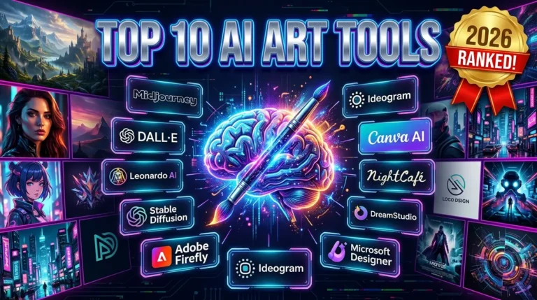 Top 10 AI Art Generators Compared featuring Midjourney, DALL·E, Leonardo AI, Stable Diffusion, Adobe Firefly, Ideogram, Canva AI, NightCafe, DreamStudio, and Microsoft Designe
