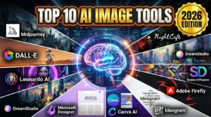 Top 10 AI Image Generator Tools in 2026 comparison featuring Midjourney, DALL·E, Leonardo AI, Stable Diffusion, Adobe Firefly, Ideogram, Canva AI, Microsoft Designer, DreamStudio, and NightCafe.