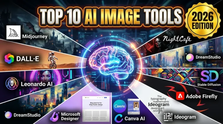 Top 10 AI Image Generator Tools in 2026 comparison featuring Midjourney, DALL·E, Leonardo AI, Stable Diffusion, Adobe Firefly, Ideogram, Canva AI, Microsoft Designer, DreamStudio, and NightCafe.