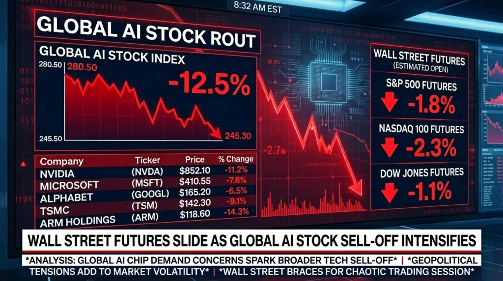Wall Street stock market falling as AI technology shares decline following the KOSPI market crash.