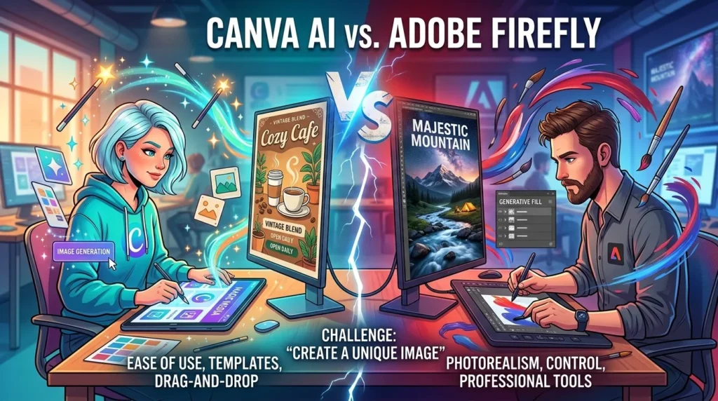 Canva AI vs Adobe Firefly comparison showing AI design and image generation tools