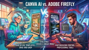 Canva AI vs Adobe Firefly comparison showing AI design and image generation tools