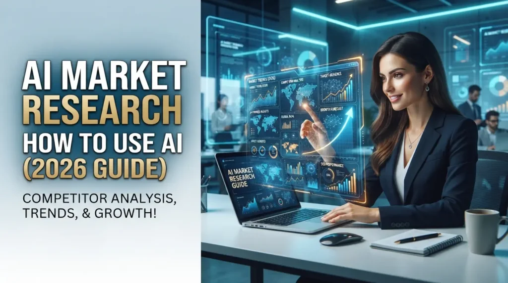 Business analyst using AI software to perform market research, competitor analysis, and customer insights on a digital dashboard.