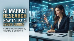 Business analyst using AI software to perform market research, competitor analysis, and customer insights on a digital dashboard.