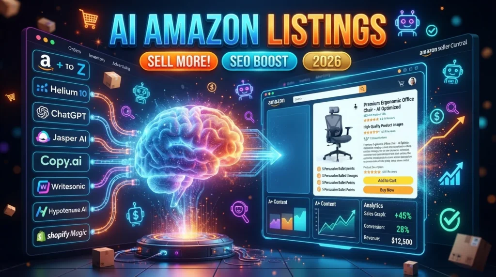 AI generating Amazon product listings using ChatGPT, Helium 10 AI Listing Builder, Jasper AI, Copy.ai, Writesonic, Hypotenuse AI, and Shopify Magic.