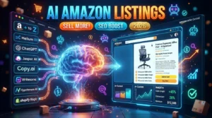 AI generating Amazon product listings using ChatGPT, Helium 10 AI Listing Builder, Jasper AI, Copy.ai, Writesonic, Hypotenuse AI, and Shopify Magic.