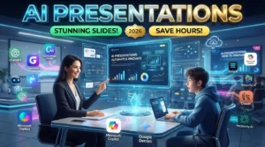 Professional using ChatGPT, Gamma, Canva Magic Design, Microsoft Copilot, and Beautiful.ai to create an AI-powered presentation.