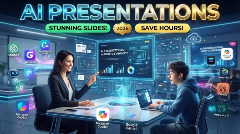 Professional using ChatGPT, Gamma, Canva Magic Design, Microsoft Copilot, and Beautiful.ai to create an AI-powered presentation.