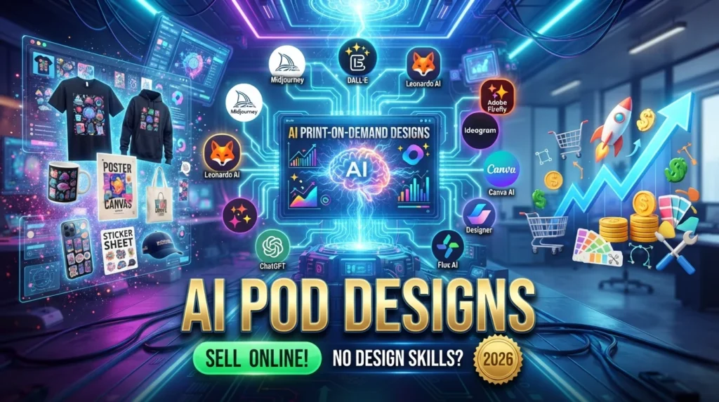 Designer creating AI-generated print-on-demand artwork for T-shirts, mugs, posters, and hoodies using Midjourney, DALL·E, Leonardo AI, and Canva AI.