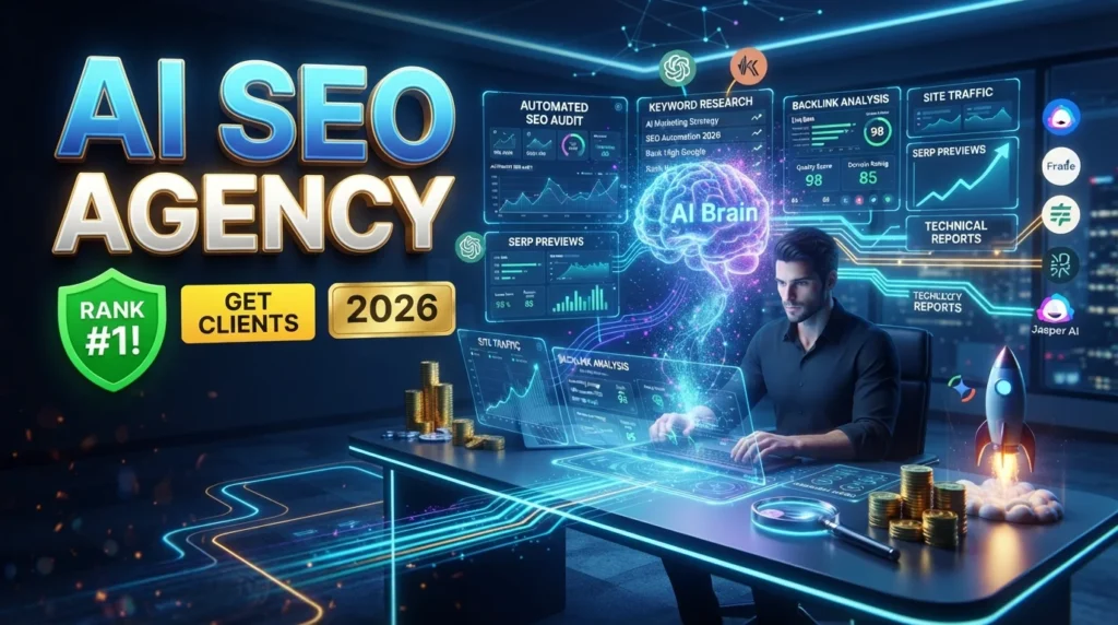 Team managing an AI-powered content agency using ChatGPT, Claude, Jasper AI, Surfer SEO, Google Gemini, and Grammarly to create SEO content.