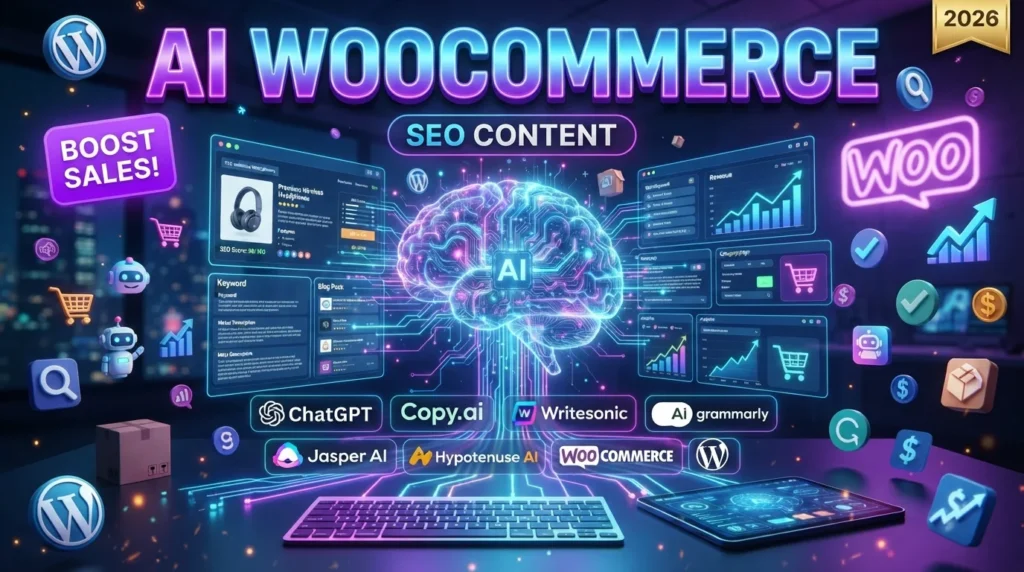 AI generating WooCommerce product descriptions, SEO blog posts, and website content using ChatGPT, Jasper AI, Copy.ai, Writesonic, Hypotenuse AI, Rytr, and Grammarly.
