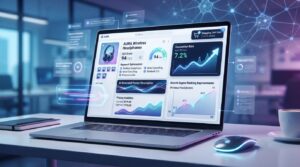 AI optimizing an eCommerce product page with SEO keywords, product descriptions, images, and analytics dashboard