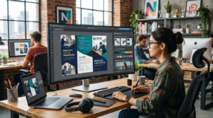 AI-powered brochure design interface showing brochure templates, branding tools, images, icons, typography, and marketing layouts.