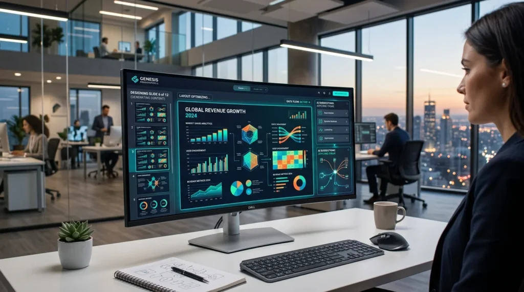 Illustration showing AI generating presentation graphics including charts, infographics, icons, diagrams, timelines, and professional slide layouts.