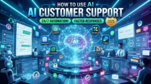 Illustration showing how to use AI for customer support with ChatGPT, Intercom AI, Zendesk AI, Freshdesk AI, Tidio AI, HubSpot AI, and Notion AI.