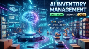 Illustration showing how to use AI for inventory management with Zoho Inventory, NetSuite ERP, Microsoft Dynamics 365, SAP Business One, Cin7, Katana Cloud Inventory, and ChatGPT.