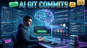 Developer using GitHub Copilot, ChatGPT, Cursor AI, and GitKraken AI to generate Git commit messages and manage version control.