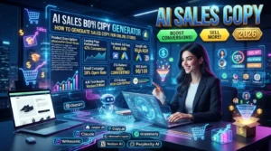 eCommerce marketer using ChatGPT, Jasper AI, Writesonic, and Copy.ai to generate AI-powered sales copy for an online store.