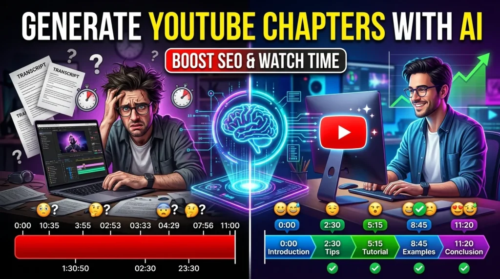 AI generating YouTube chapters with automatic timestamps and SEO-friendly section titles.