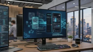Illustration showing AI generating modern UI and UX designs for websites and mobile apps, including wireframes, prototypes, design systems, and interface components.