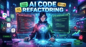 Developer using AI coding assistants such as GitHub Copilot, ChatGPT, Cursor AI, and JetBrains AI Assistant to refactor and improve software code.