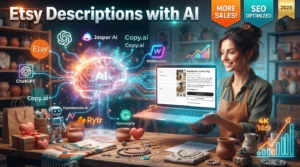 AI generating Etsy product descriptions using ChatGPT, Jasper AI, Copy.ai, Writesonic, Hypotenuse AI, Rytr, and Grammarly.