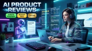 Content creator using ChatGPT, Jasper AI, Grammarly, and Perplexity AI to write an SEO-friendly product review on a laptop.