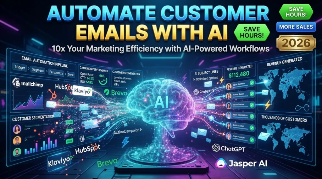 Illustration showing how to automate customer emails with AI using Mailchimp, HubSpot AI, Klaviyo, Brevo, ActiveCampaign, ChatGPT, and Jasper AI.