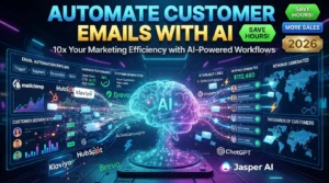 Illustration showing how to automate customer emails with AI using Mailchimp, HubSpot AI, Klaviyo, Brevo, ActiveCampaign, ChatGPT, and Jasper AI.