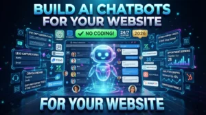Illustration showing how to create AI chatbots for websites using ChatGPT API, Intercom AI, Tidio AI, Zendesk AI, ManyChat, Botpress, and HubSpot AI.
