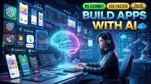 Developer building a mobile app using AI tools such as ChatGPT, GitHub Copilot, Cursor AI, and FlutterFlow AI with Android and iOS interfaces.