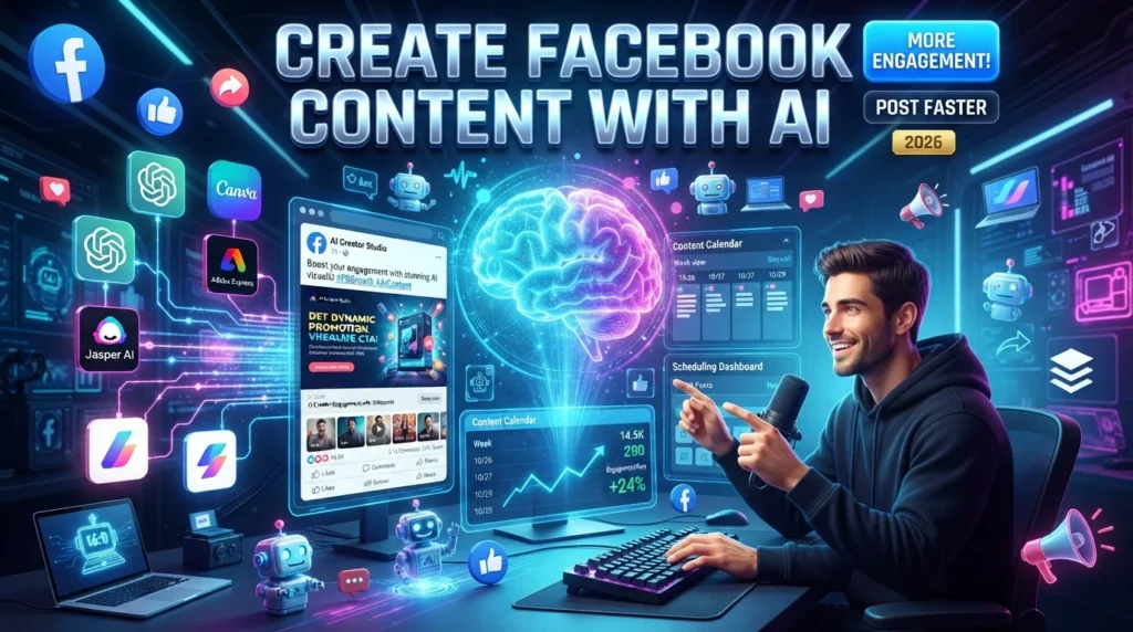 Illustration showing how to create Facebook content using AI with ChatGPT, Canva AI, Adobe Express AI, Jasper AI, Leonardo AI, Microsoft Designer, and Buffer AI.