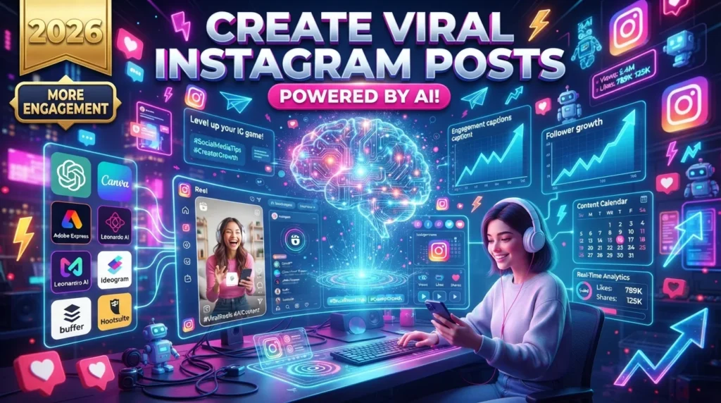 Illustration showing how to create Instagram posts with AI using ChatGPT, Canva AI, Adobe Express AI, Leonardo AI, Ideogram, Buffer AI, and Hootsuite AI.