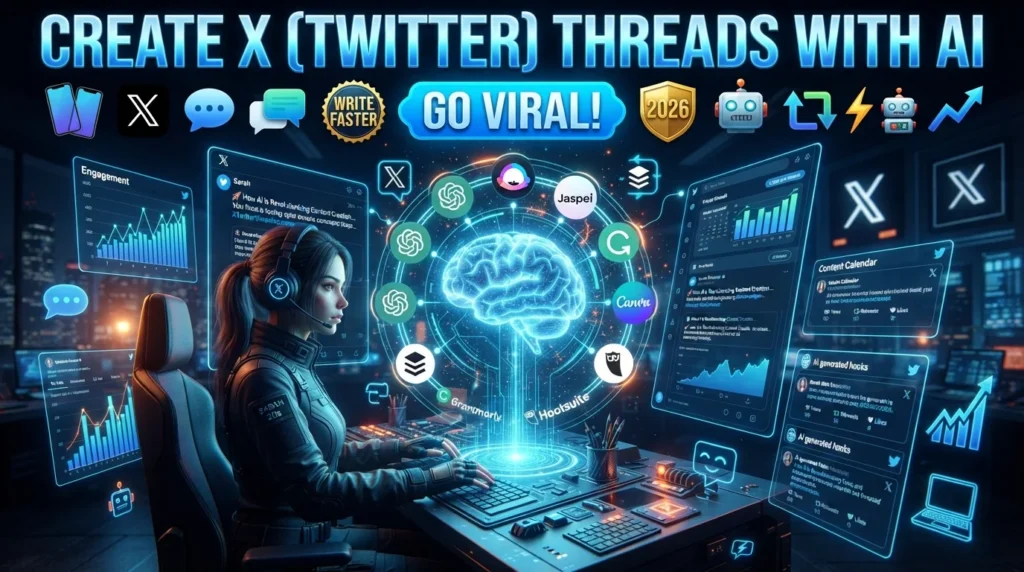 Illustration showing how to create X (Twitter) threads with AI using ChatGPT, Jasper AI, Copy.ai, Grammarly, Canva AI, Buffer AI, and Hootsuite AI.