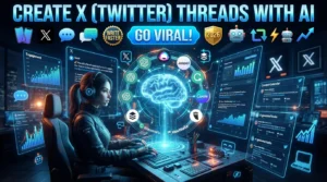 Illustration showing how to create X (Twitter) threads with AI using ChatGPT, Jasper AI, Copy.ai, Grammarly, Canva AI, Buffer AI, and Hootsuite AI.