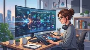 Illustration showing AI generating infographic layouts with charts, icons, timelines, statistics, and visual storytelling elements.
