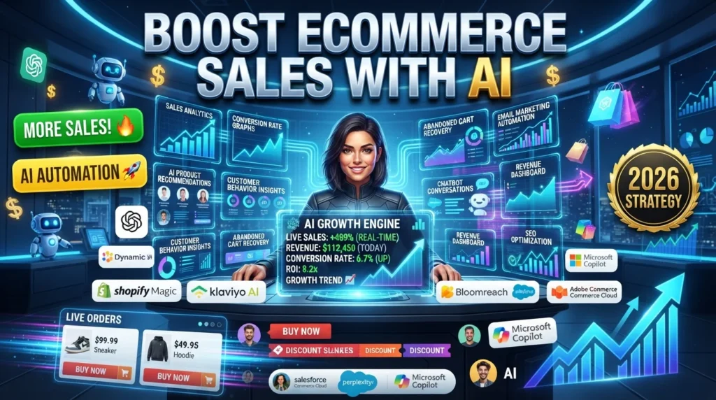 Online store owner using AI tools such as ChatGPT, Shopify Magic, Klaviyo AI, and Dynamic Yield to increase eCommerce sales.