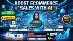 Online store owner using AI tools such as ChatGPT, Shopify Magic, Klaviyo AI, and Dynamic Yield to increase eCommerce sales.