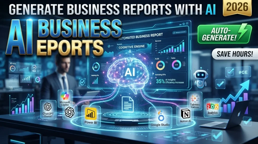 Illustration showing how to generate business reports using AI with Microsoft Copilot, ChatGPT, Power BI, Tableau AI, Looker Studio, Notion AI, and Zoho Analytics.