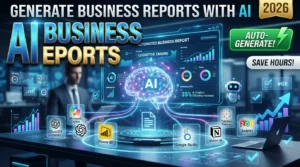 Illustration showing how to generate business reports using AI with Microsoft Copilot, ChatGPT, Power BI, Tableau AI, Looker Studio, Notion AI, and Zoho Analytics.