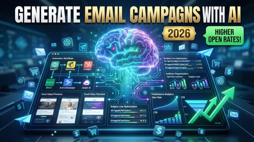 Illustration showing how to generate email marketing campaigns with AI using ChatGPT, Mailchimp AI, HubSpot AI, Brevo, ActiveCampaign AI, Klaviyo AI, and Jasper AI.